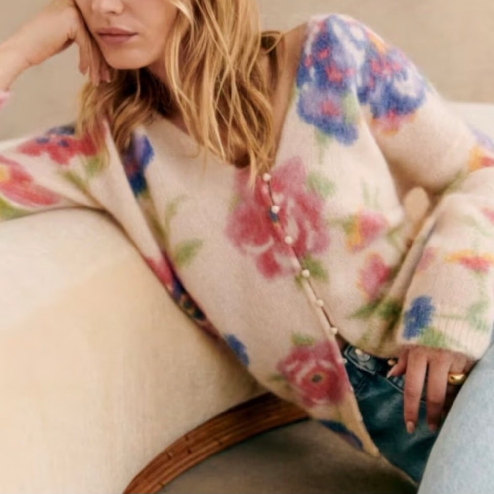 Sezane Cream Floral V-Neck Cardigan with Pink & Blue Blooms